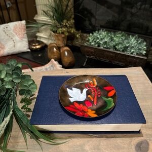 Rosemarie Enamel Metal Round Hand Painted Wall Plate,  Dove & Flowers, Israel